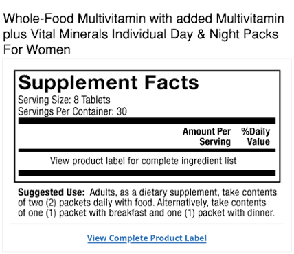 Whole-Food Multivitamin Daily Packs for Women Label