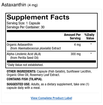 Astaxanthin 30 capsules Product Label
