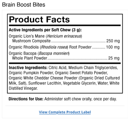 Bark Whiskers Brain Boost Bites Label