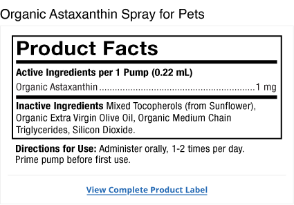 Organic Astaxanthin Liquid Pump for Cats & Dogs Product Label