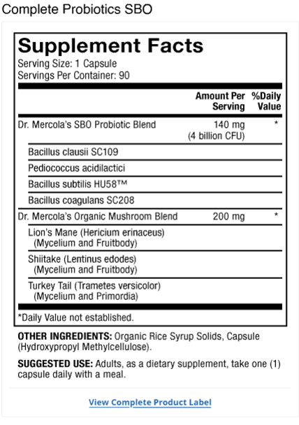 Complete Probiotics SBO Product Label
