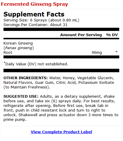 Fermented Ginseng Spray Product Label