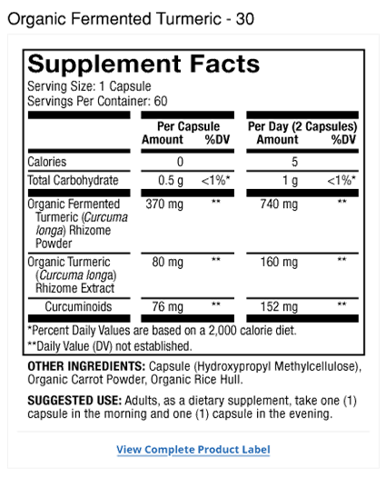 Cúrcuma Orgánica Fermentada Product Label