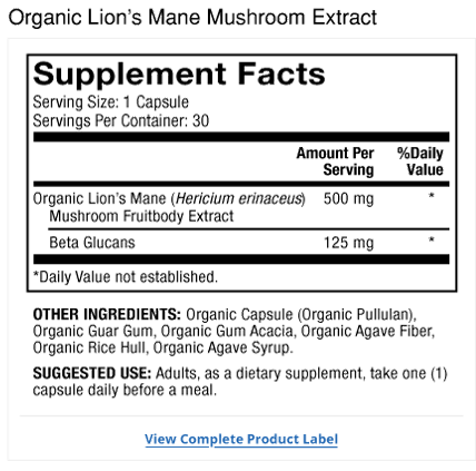 Extracto Orgánico de Hongo Melena de León Product Label
