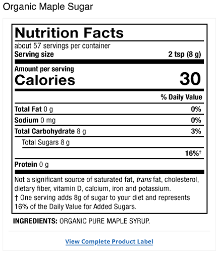 Solspring&reg; Maple Sugar, Organic Label Snapshot