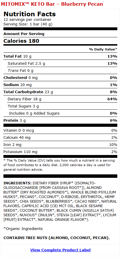 Barras Keto MITOMIX<sup>&reg;</sup> - Mora Azul y Pecanas Product Label