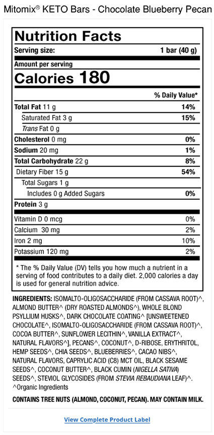 Barras Keto MITOMIX<sup>&reg;</sup> - Mora Azul y Pecanas con cubierta de Chocolate Product Label