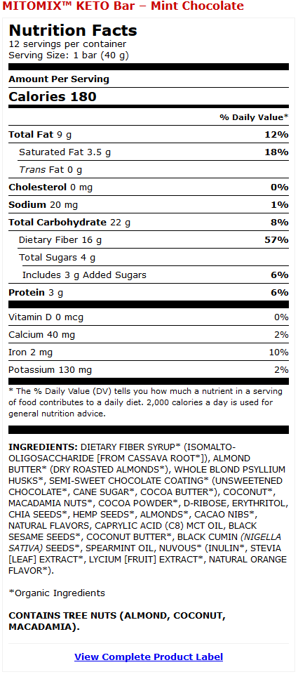 Barras Keto MITOMIX<sup>&reg;</sup> - Menta Chocolate Product Label