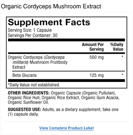 Organic Cordyceps Mushroom Extract Label