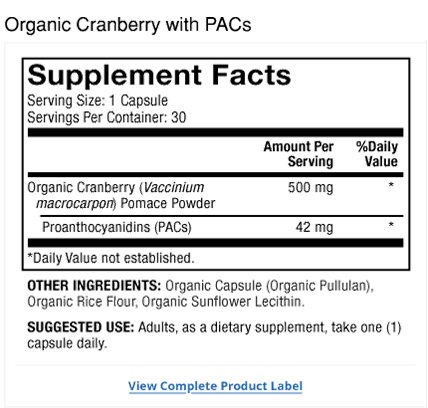 Organic Cranberry with PACs Label