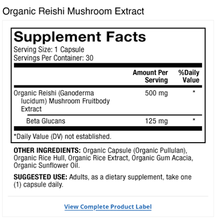 Organic Reishi Mushroom Extract Label