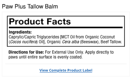 Bark & Whiskers&reg; Paw Plus Tallow Balm Label