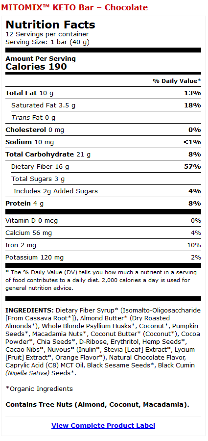 Barras Keto MITOMIX<sup>&reg;</sup> - Chocolate Product Label
