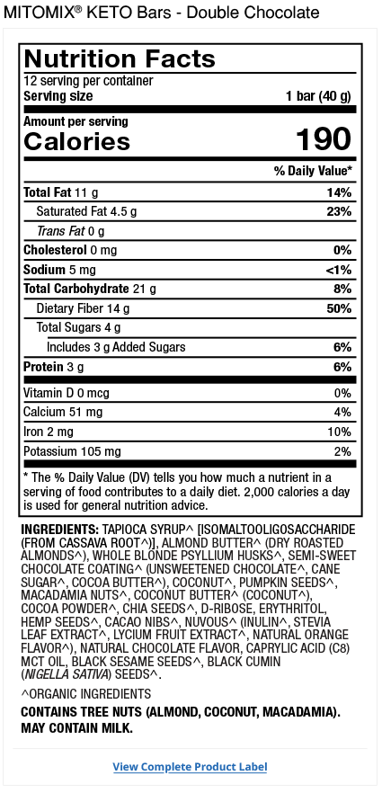 Barras Keto MITOMIX<sup>&reg;</sup> - Doble Chocolate Product Label