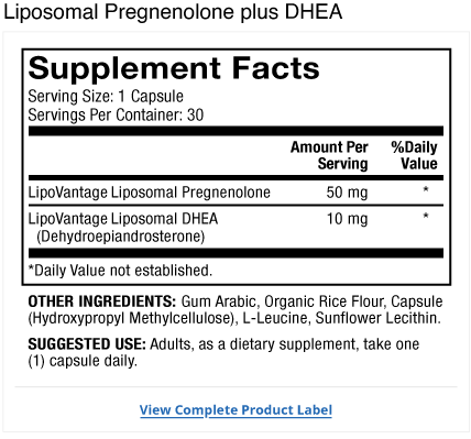 Liposomal Pregnenolone plus DHEA Product Label