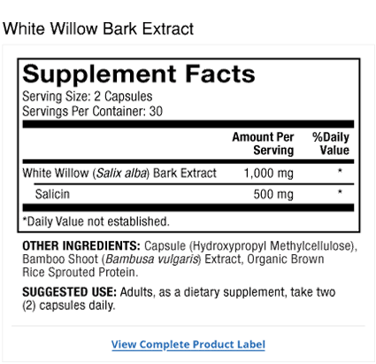 White Willow Bark Extract Label