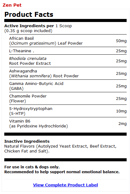 Zen Pet Product Label