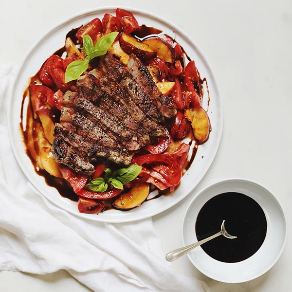 Seared Striploin with Tomato & Peaches