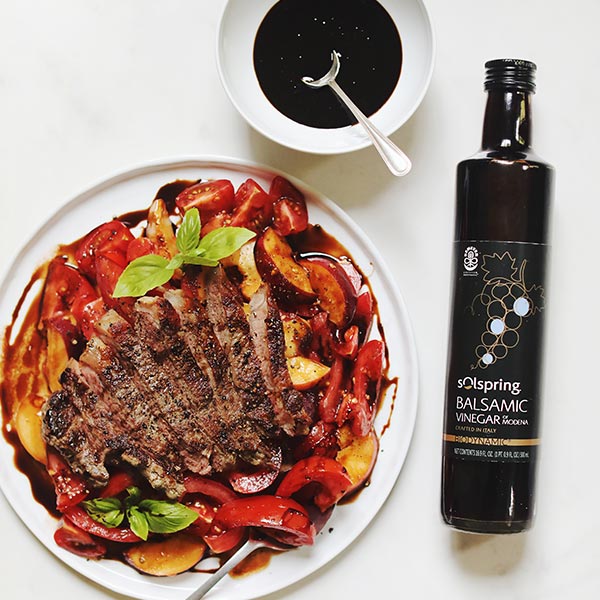 Seared Striploin with Tomato & Peaches