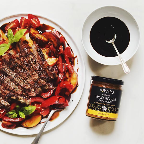 Seared Striploin with Tomato & Peaches