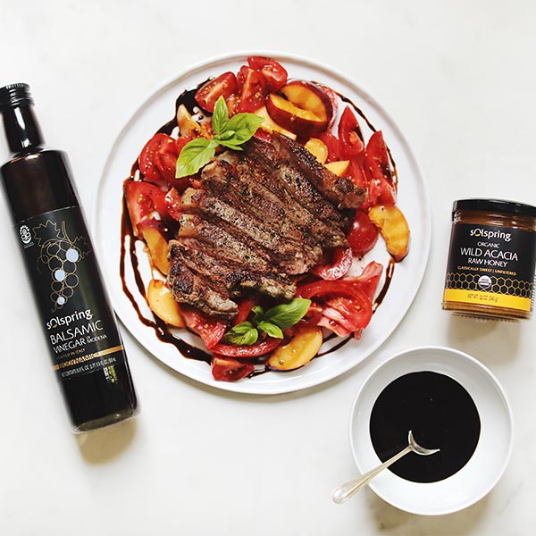 Seared Striploin with Tomato & Peaches