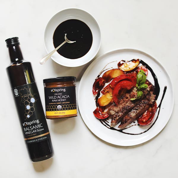 Seared Striploin with Tomato & Peaches