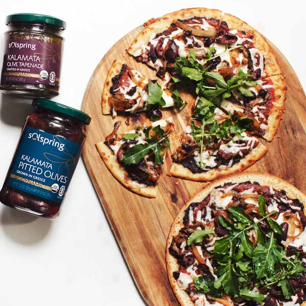 Golden Onion, Shiitake & Olive Socca Pizza