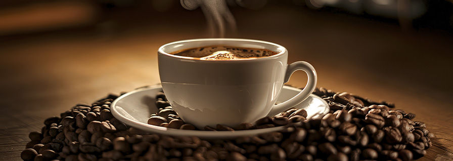 steaming cup of freshly brewed coffee over roasted whole coffee beans